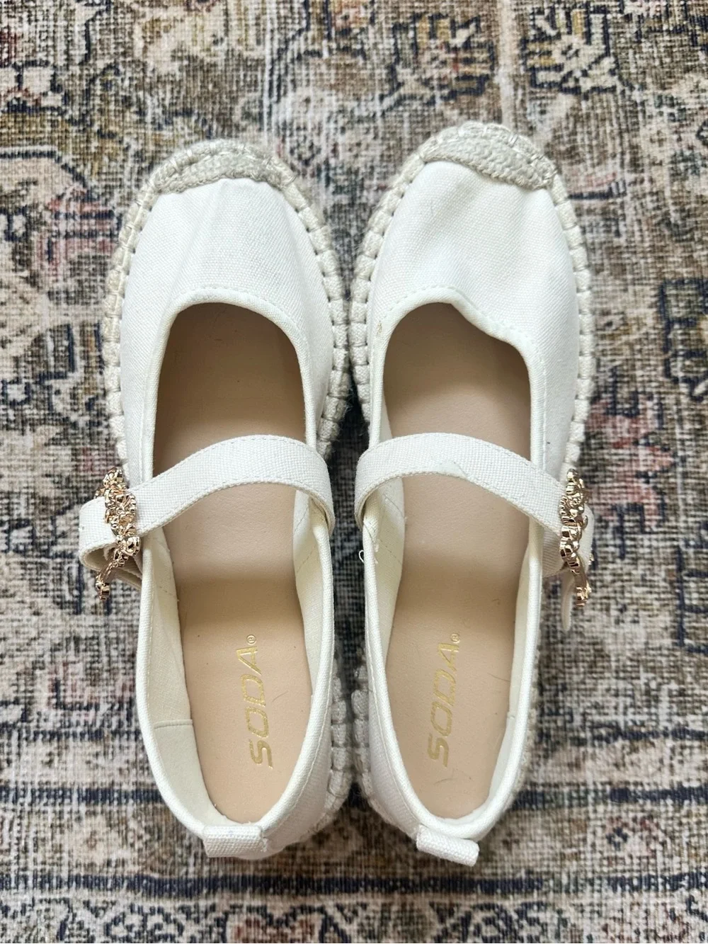 Women’s Cream Mary Jane Espadrille Flats with Gold Buckle